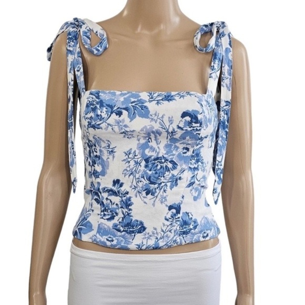Reformation Blue White Floral Tie Shoulder Smocked Corset Top Size 2 f5